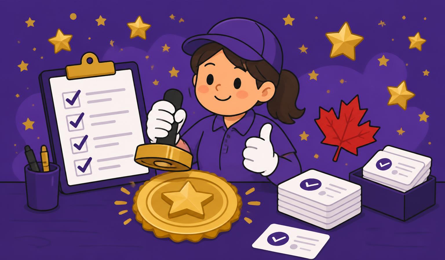 Cartoon quality-control desk with a gold star stamp, checklists and a maple leaf