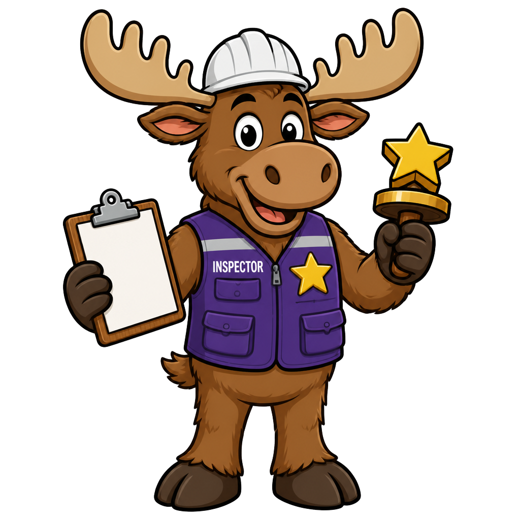 Quality Casinos CA moose inspector with clipboard and gold star stamp